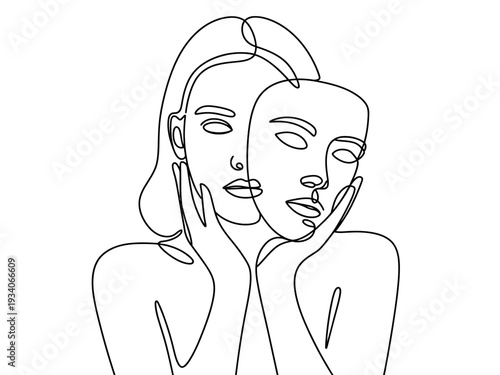 Minimalist Line Art of Woman Holding Two Faces, Symbolizing Duality and Self