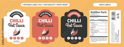 Chilli Sauce labels set design, nutritional facts table ingredients recipe, Bottle label stickers design,  homemade thick barbeque spicy Chilli sauce ketchup label design vector illustration set