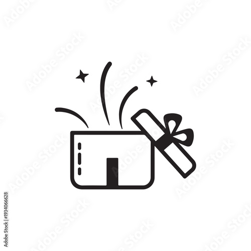 Open Gift Box Outline Icon with Exploding Surprises and Stars - Celebration, Reward, Offer