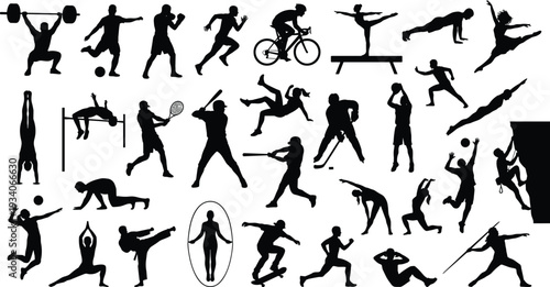 Large collection of black sports silhouettes featuring athletes in action for weightlifting football basketball tennis cycling gymnastics martial arts and various fitness workout activities