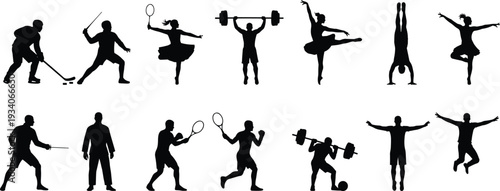 Large collection of male and female athlete silhouettes in various sports poses including tennis, weightlifting, hockey, gymnastics, and ballet for fitness and gym branding.