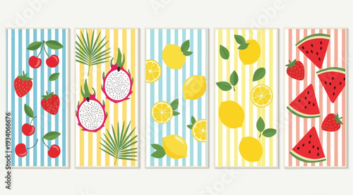 Colorful illustration of various fruits on striped backgrounds including strawberries dragon fruit lemons and watermelon slices