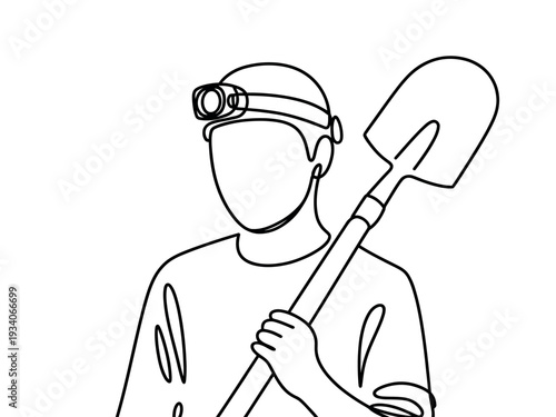 Line drawing of a person wearing a headlamp holding a shovel outdoors