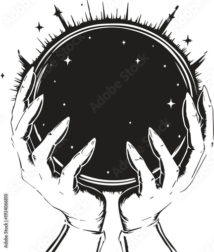 Mystical hands holding cosmic sphere with stars divination energy celestial power spirituality vector illustration design