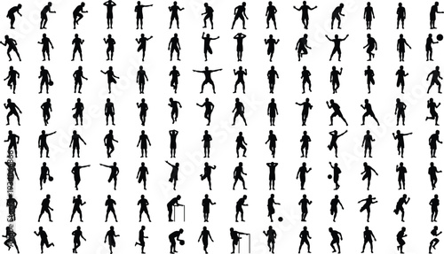 Large set of athletic male silhouettes in various sports poses including running, jumping, soccer, and fitness activities for gym branding, marathon events, and active lifestyle vector graphics.