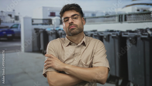 Foto Man crosses his arms in a visible gesture on an urban street lined with large recycling containers; rejection