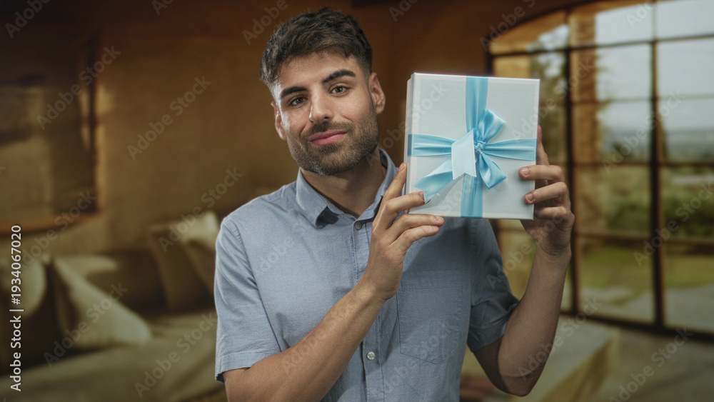 Fototapeta premium Young hispanic man holds blue ribboned gift box with hand and smiles in studio; celebration surprise.