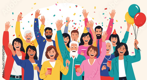 Joyful Diverse Crowd Celebrating a Festive Event with Confetti, Balloons & Happy Faces