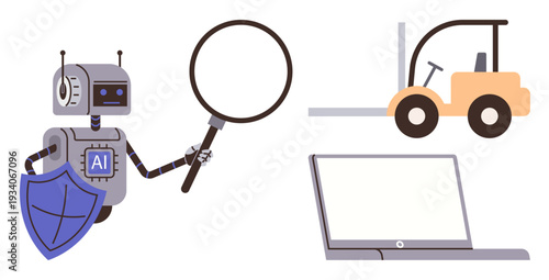 Technology, AI automation, data analysis, industrial logistics, cybersecurity, digital innovation. A robot with AI, magnifying glass shield forklift and laptop. Technology and AI automation