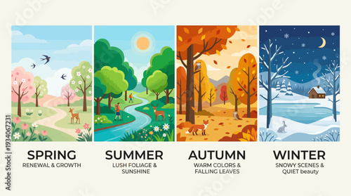 Four Seasons Tree Landscape Vector – Spring Summer Autumn Winter Illustration Set