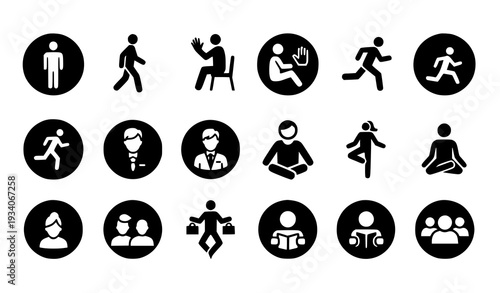 A set of black and white vector icons depicting people in various activities