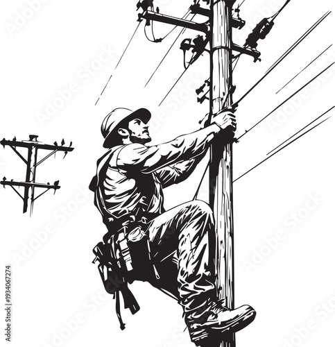 Utility worker climbing pole with safety gear electrical telecommunications infrastructure profession vector illustration design