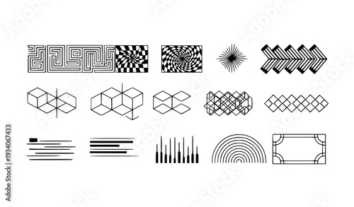 A collection of modern geometric patterns and shapes in black and white