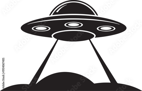 Black silhouette of U F O landing on ground spaceship