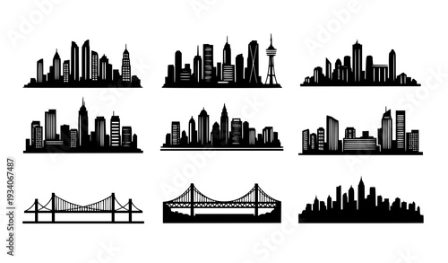 A set of black silhouettes of city skylines and bridges in a modern flat design style