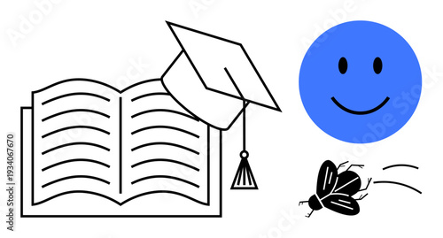 Education concept. Education with an open book and graduation cap conveys learning. Education combines knowledge, creativity, and positivity. For school, learning materials, academic inspiration