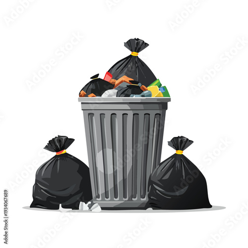 Full trash can and garbage bags on white background