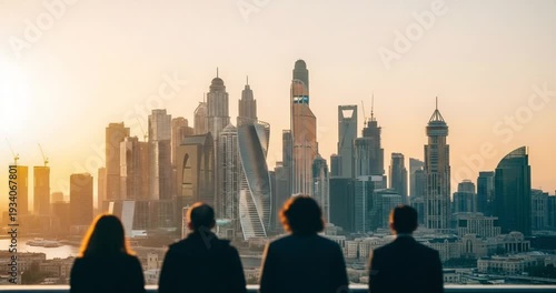 People looking at city skyline together.