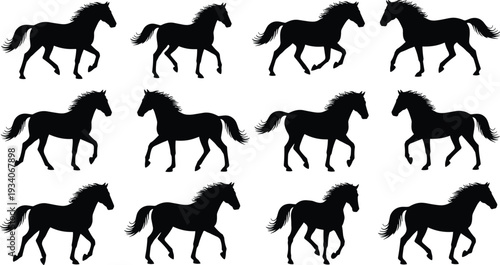 Professional horse silhouette vector set featuring stallions in various running and galloping poses for equestrian sports, ranch branding, wild nature, and equine animal illustrations.