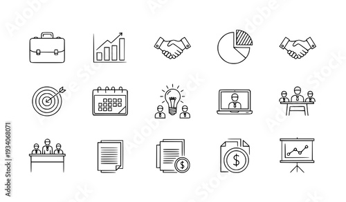A set of business icons in a flat, minimalist design style