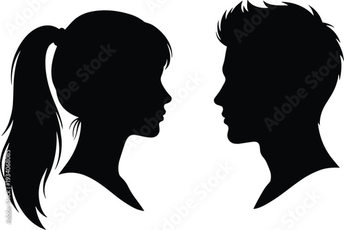 Professional silhouette of a young man and woman face profile in black color for social media avatars, couple relationship concepts, and lifestyle vector illustrations.