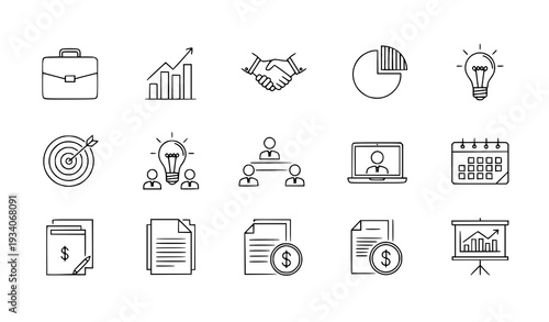A set of business icons in a flat, minimalist design style