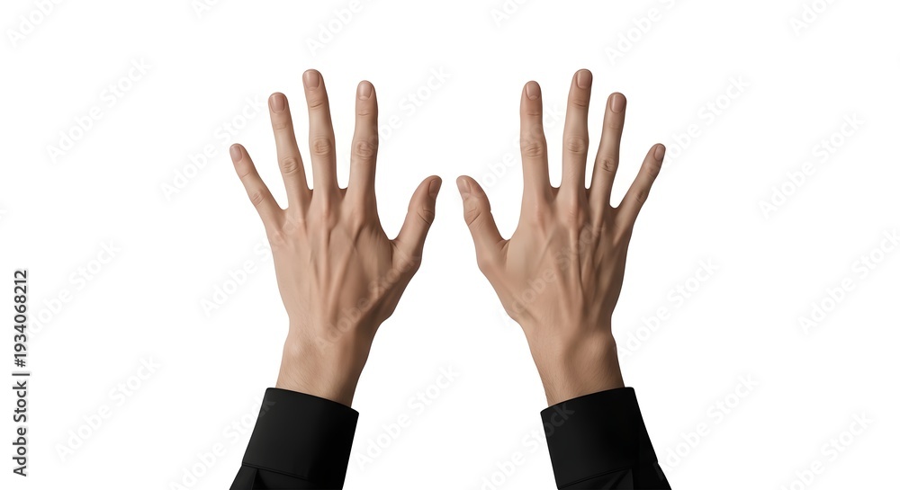 Obraz premium Pair of male hands raised in a gesture on white background