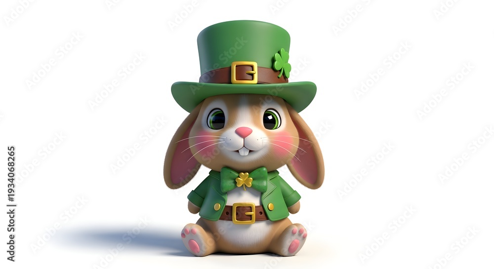 Fototapeta premium A cute cartoon bunny wearing a green hat and st patrick's day attire sitting on a white background with a cheerful expression