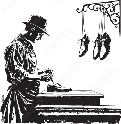 Palm Sunday cobbler repairing shoe with hanging footwear artisan craftsmanship vintage skilled trade vector illustration