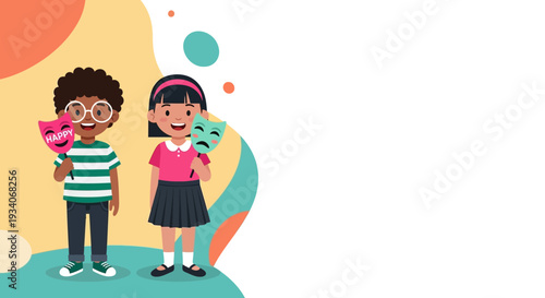 Children with Happy and Sad Masks, Exploring Emotions in Childhood Play - Vector Illustration with Copy Space