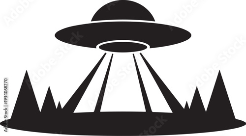 Black silhouette U F O flying over mountains with beams