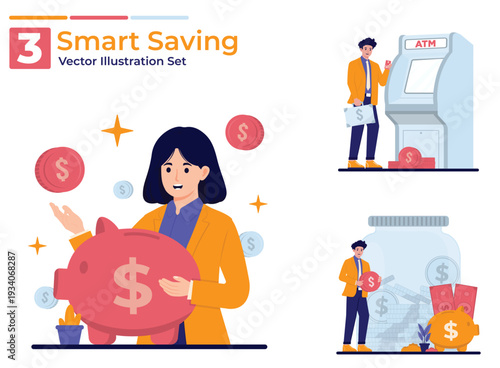 Smart saving strategy concept set Money saving vector illustration set. Cartoon character saving money in a piggy bank