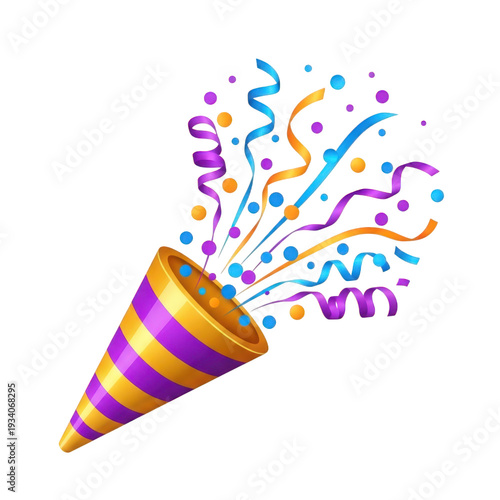 Vibrant party horn with colorful confetti and streamers isolated on transparent background