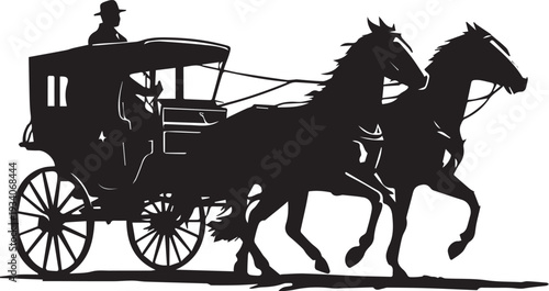Horse‑drawn carriage silhouette with driver reins two horses spoked wheels motion historical rural transport vector illustration