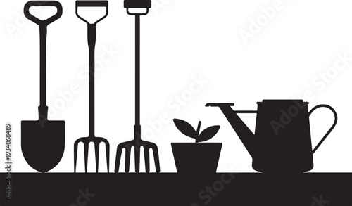 Black silhouettes of gardening tools and plant on white background