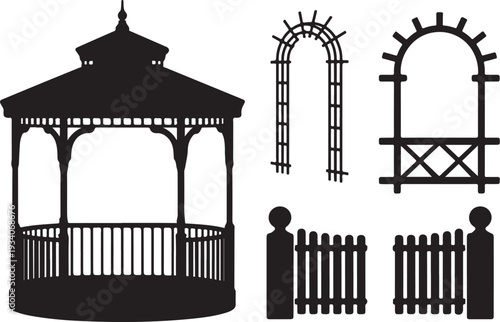 Black silhouettes of gazebo fence and garden arches