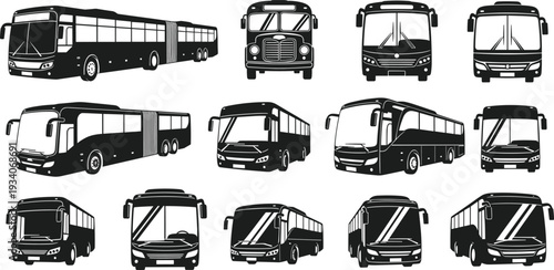City bus silhouettes collection, modern public transport vehicles isolated on white background, urban transit illustration set design