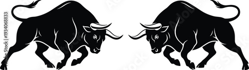Stylized black bull silhouettes facing each other in mirrored aggressive stance, symbolizing strength, confrontation, competition, financial bull market, sports mascot, power illustration concept