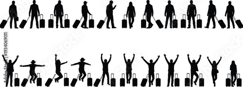 Travelers with Suitcases Silhouette Collection, Business and Vacation People Rolling Luggage in Different Poses Isolated on Light Background for Travel Concept Design