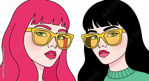 Vibrant Pop Art Duo: Stylish Women in Yellow Sunglasses with Pink and Black Hair