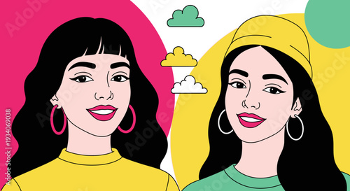 Vibrant Pop Art Illustration of Two Diverse Smiling Women with Colorful Background