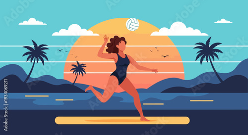 Energetic Woman Playing Beach Volleyball at Tropical Sunset. Flat Vector Illustration of Summer Fun and Beach Sports Activity.