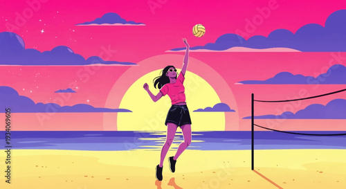 Vibrant Retro Illustration of Woman Playing Beach Volleyball at Sunset