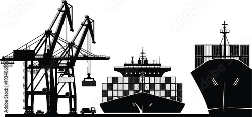 Container ships and port crane silhouettes, industrial harbor terminal with cargo loading gantry cranes and maritime shipping logistics black vector illustration
