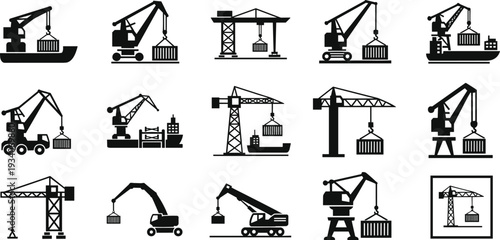 Crane icons set silhouette, construction and harbor cargo lifting equipment collection with tower mobile truck ship cranes, industrial machinery vector illustration isolated
