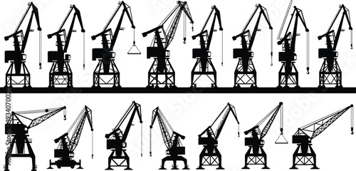 Industrial crane silhouettes collection, harbor dockside lifting machinery with various boom and gantry cranes heavy construction equipment black vector illustration