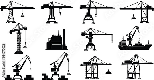 Industrial crane silhouettes set, construction tower harbor and ship lifting machinery collection with factory plant black vector illustration isolated