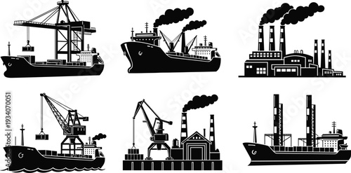 Industrial harbor and factory silhouettes set, cargo ships dockside cranes and power plant chimneys with smoke, maritime shipping industry black vector illustration