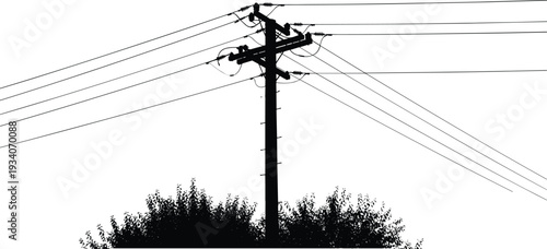 Silhouette utility pole illustration, power lines vector art, industrial infrastructure design, urban planning concept, electrical grid drawing, foliage contrast background, minimal style