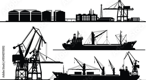 Industrial port and factory silhouettes set, cargo ships dockside cranes storage tanks and refinery plant maritime shipping black vector illustration